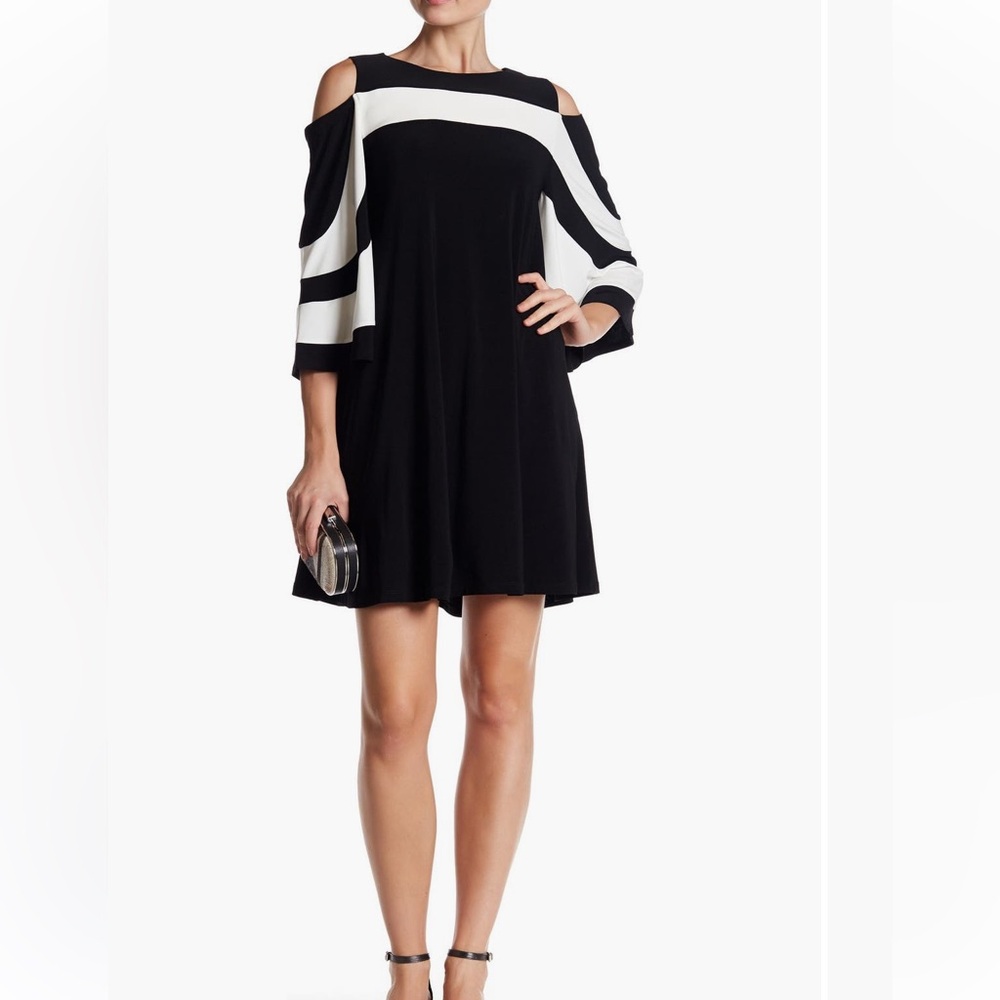 NWT Nina Leonard Draped Sleeve Cold Shoulder Black Ivory Dress Size Small